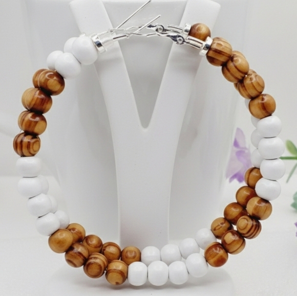 Large Hoop Earrings with Wooden Beads, Large Hoop Earrings 6.5 Cm - Picture 4 of 9